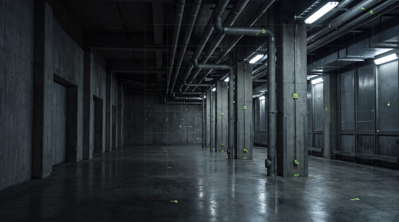 Empty concrete industrial corridor with tracking markers and a solve grid overlay